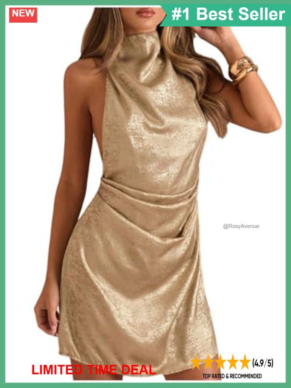 Metallic Halter Mini Dress Ruched Front Shiny Cocktail Party Bodycon